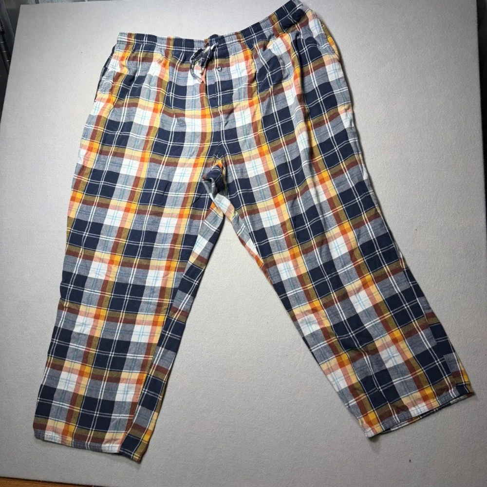 St Johns Bay Mens 2XL Pajama Pants Blue Orange Plaid Flannel Cotton Sleepwear